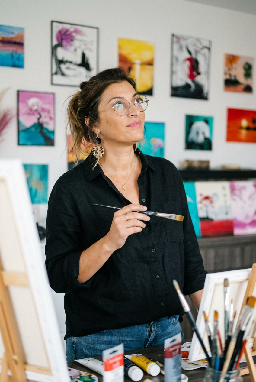 Photo de l’artiste peintre Art by Alexandra dans son atelier, tenant un pinceau devant un chevalet. Elle est entourée de ses tableaux colorés accrochés au mur, avec des tubes de peinture et pinceaux posés sur la table. Image représentant l’univers créatif et authentique de l’artiste Art by Alexandra.