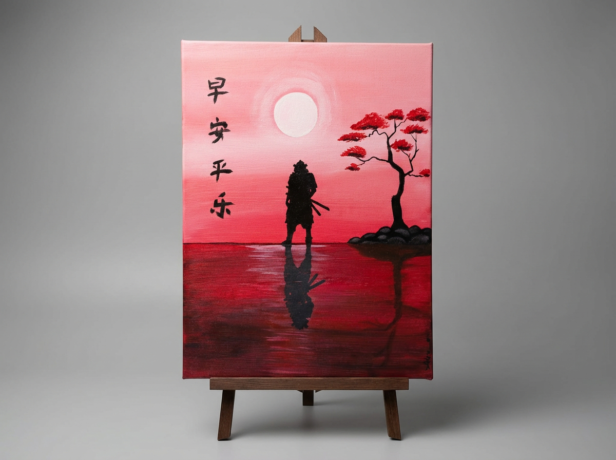 Tableau représentant un samouraï en silhouette noire face à un grand soleil blanc dans un ciel rose, avec un arbre rouge stylisé sur la droite et des symboles asiatiques peints sur la gauche. La scène est reflétée dans une surface d’eau rouge, et la toile est posée sur un chevalet en bois sombre. Œuvre réalisée par Art by Alexandra, inspirée de l’art japonais.