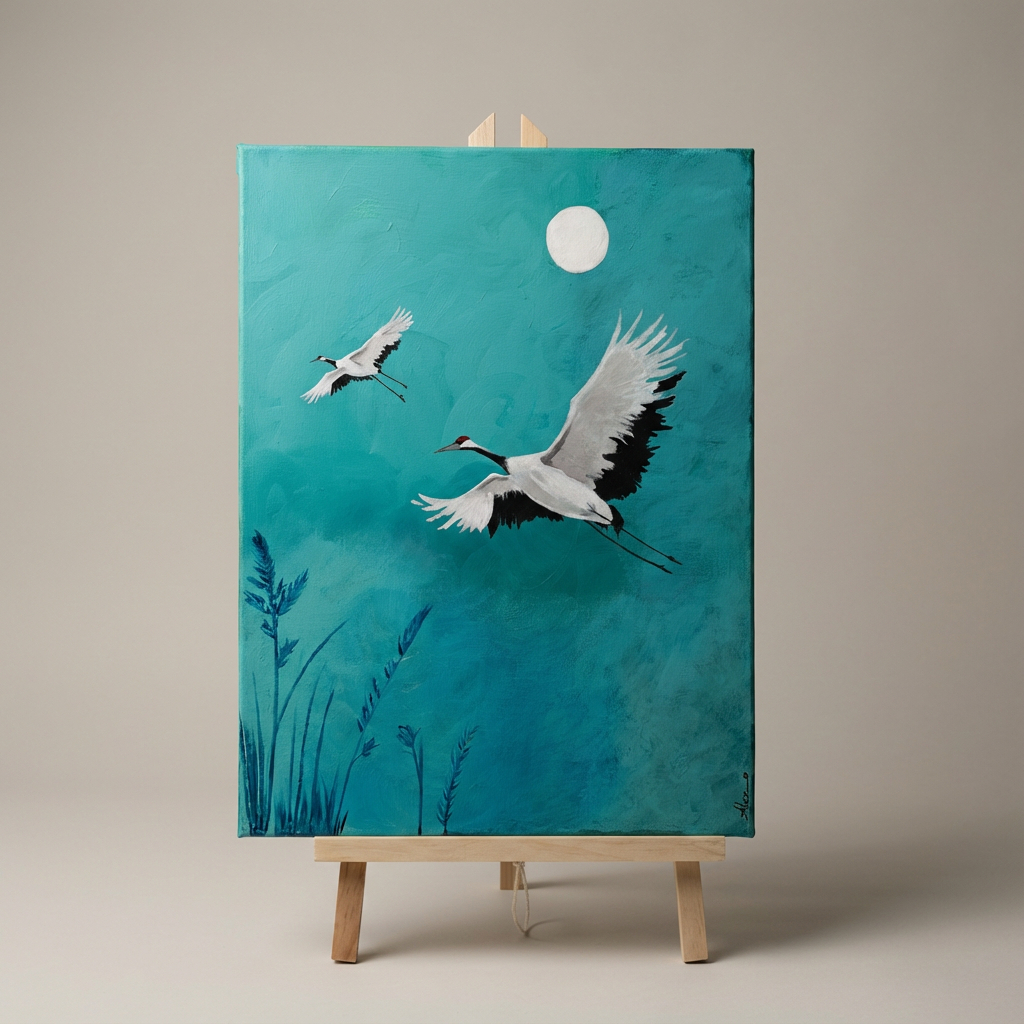 Tableau représentant deux grues blanches en plein vol dans un ciel turquoise, avec une lune blanche et des herbes peintes en bas à gauche. La toile est posée sur un chevalet en bois clair. Œuvre réalisée par Art by Alexandra, inspirée de la nature et de l’art asiatique.