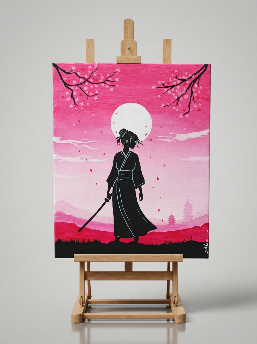 Tableau représentant un samouraï en silhouette noire devant une grande lune blanche, entouré de pétales de cerisiers et d’un ciel dégradé rose, posé sur un chevalet en bois. Œuvre peinte par Art by Alexandra, style inspiration japonaise.
