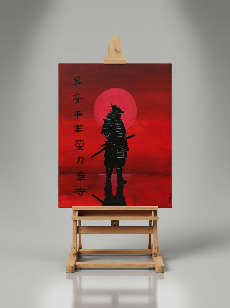 Tableau représentant un samouraï en silhouette noire devant un grand soleil rouge, avec des caractères japonais peints sur la gauche, posé sur un chevalet en bois. Œuvre aux tons rouges intenses réalisée par Art by Alexandra, inspirée de l’esthétique japonaise.